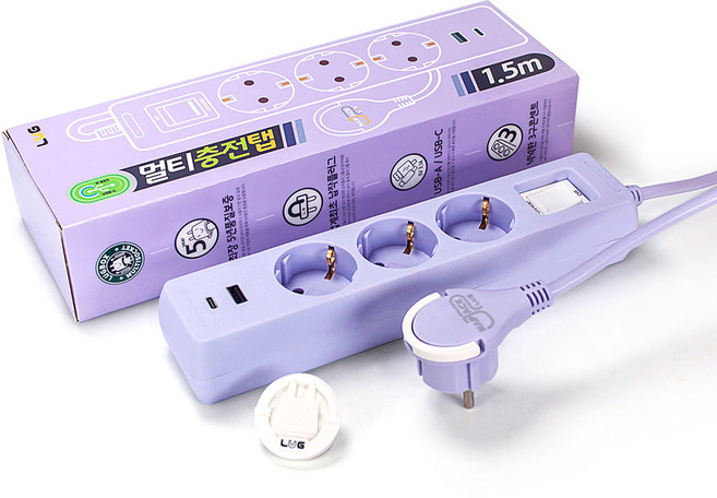 러그박스 3/5구 납작플러그 고속충전 USB C타입 고용량 3680W 멀티탭 1.5M/ 3M, 1개, 3구 퍼플, 1.5m