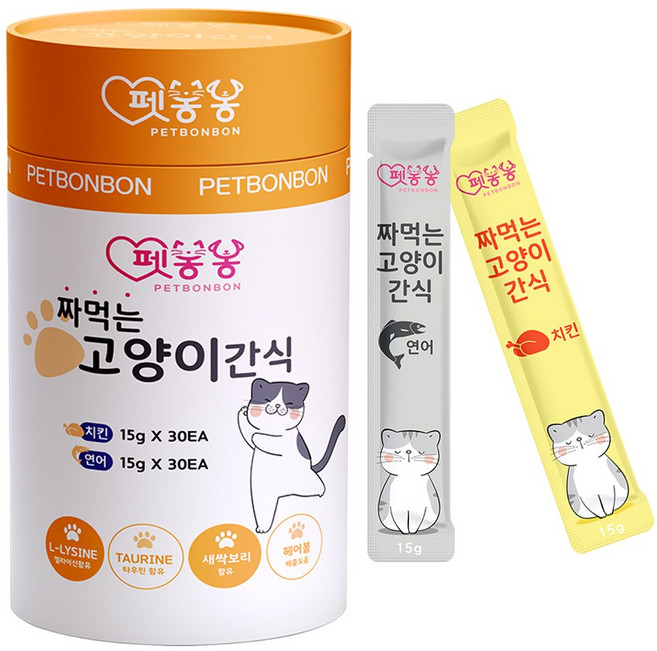 펫봉봉 NEW 짜먹는 고양이 간식 습식 고양이 스틱 대용량 60P, 1개, 900g, 연어(30)+치킨(30)