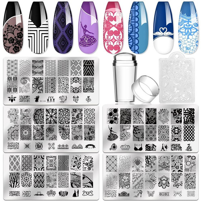 바이티 네일 스탬핑 플레이트 5개 + 스탬퍼 1개 스크레이퍼 레이스 플라워 동물 패턴 아트 템플릿 이미지 도구, Nail Stamping Plates