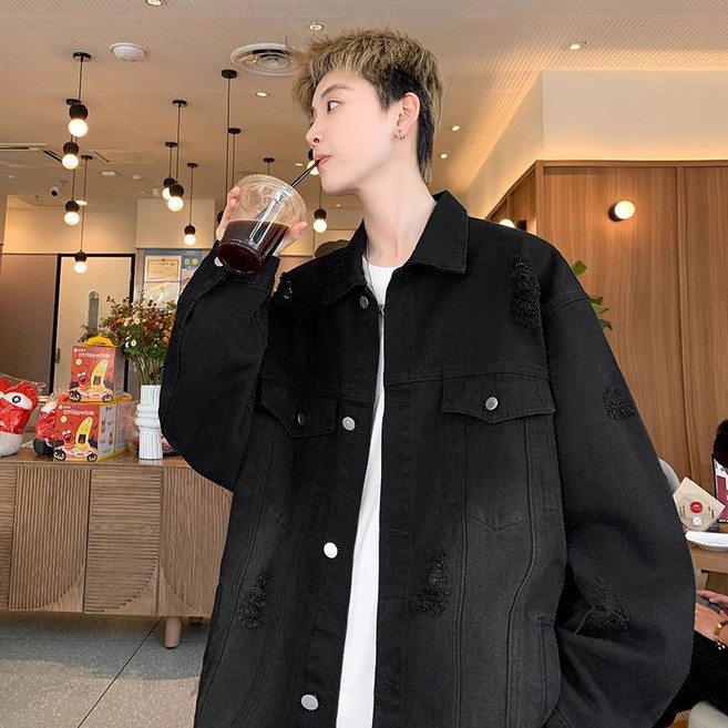 初秋破洞牛仔外套男春秋款潮牌高級感痞帥寬鬆美式夾克復古上衣服