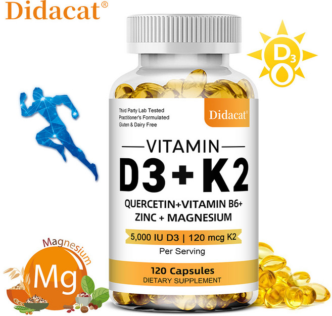 비타민 D3+K2 복합보충제 - 케르세틴 비타민 B6 아연 마그네슘 - 5000 IU D3+120 mcg K2 칼슘 영양흡수 뼈재생 면역지원, 1개, 60회분