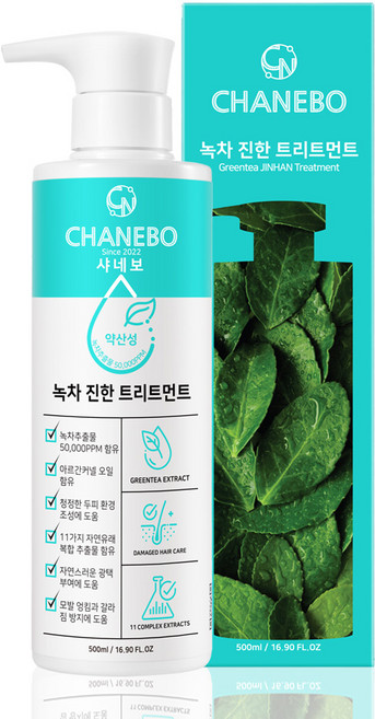 샤네보 녹차진한 트리트먼트500ml 염색샴푸후상한머리 두피 트리트먼트 두피쿨링효과 떡진머리 극손상모 집중케어 복구헤어팩, 500ml, 1개