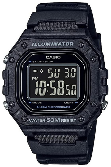 Casio W218H 시리즈 | 남성용 디지털 시계 | 50M WR | 1/100초 스톱워치 | 100 SEC 크로노그래프 | LED 백라이트 | 카운트다운 타이머 | 일일 알, W-218H-1B, Black/Black