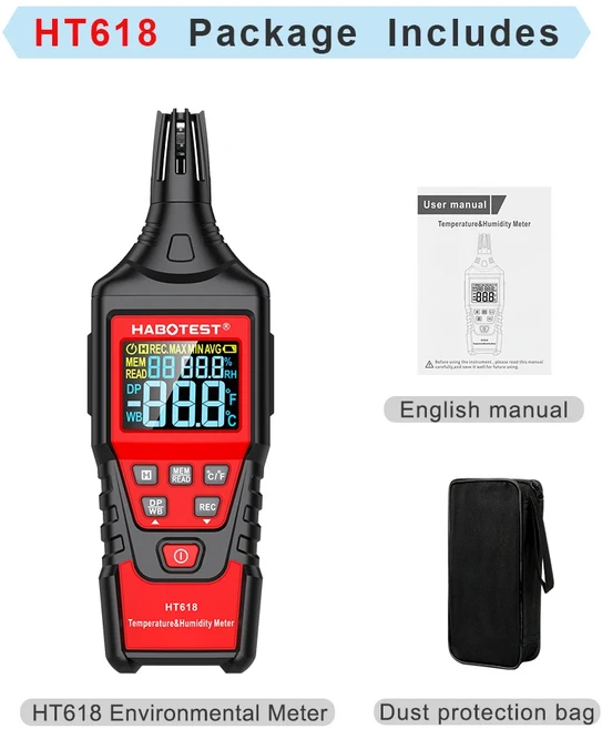 HABOTEST HT618 디지털 습도계 온도 측정기 산업용 공기 감지기 게이지 고온계 테스터, 01 HT618, 1개