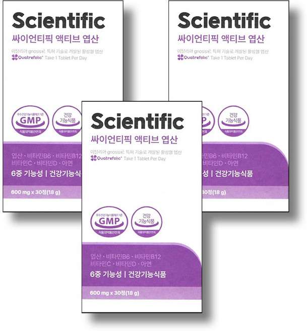 4세대 활성엽산 이노시톨 베타글루칸 비타민 일일권장량 100% 충족 임신준비영양제 싸이언티픽 액티브 엽산, 3박스, 30정