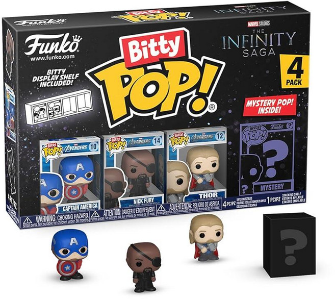 Funko 미국매장정품+ BitTY POP! 마블 4팩 캡틴 아메리카 닉 퓨리 토르 서프라이즈 미스터리 미니 피규어 2.2cm - 쌓을 수 있는 디스플레이 선반 포함 선물 아이