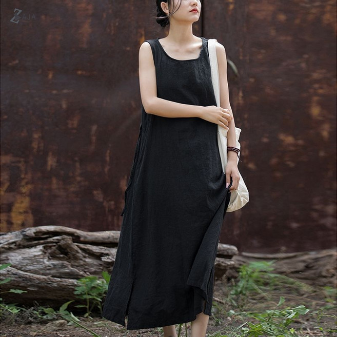 ZAJA 여성 여름 린넨 면 원피스 민소매 루즈핏 롱 체형커버 편한 데일리룩