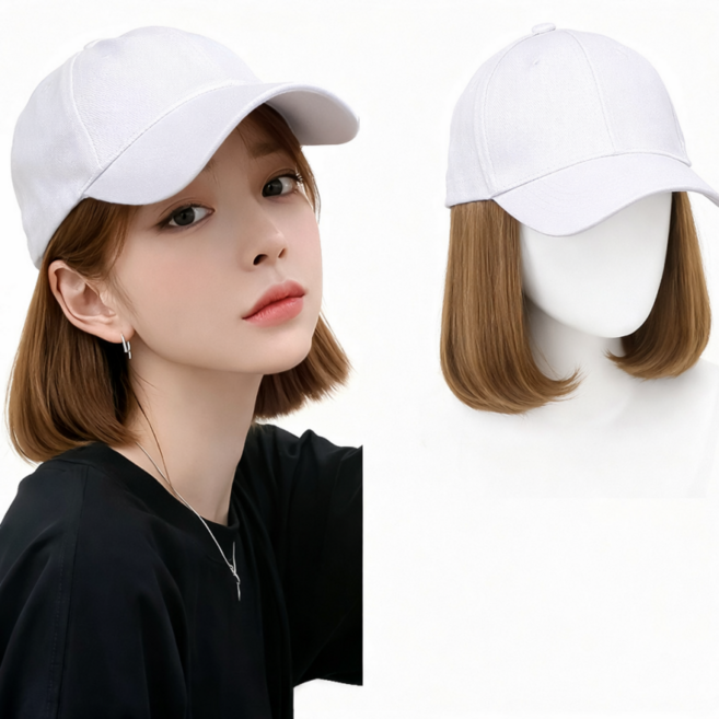 상덕 요즘유행 모자 가발 여성 가발 짧은 생머리, 1개, 하얀모자,라이트브라운헤어