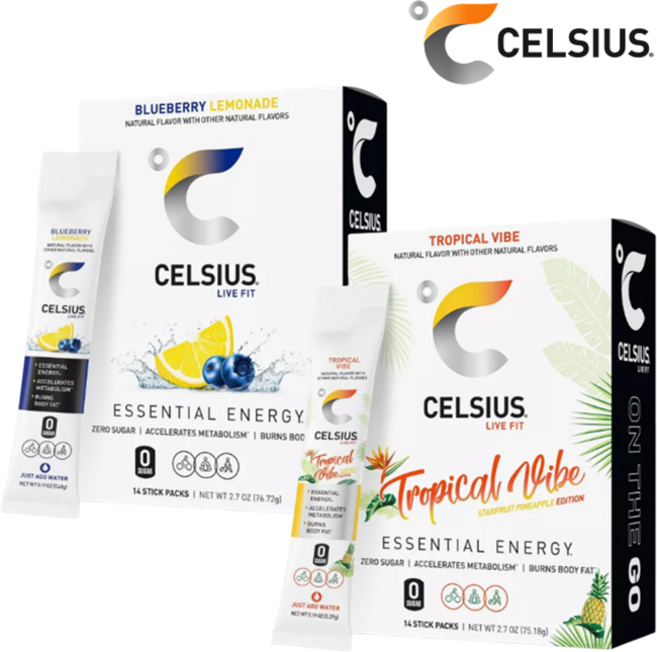 [CELSIUS] [1+1] 셀시어스 히트 워터 제로슈가 블루베리 레모네이드 맛 14개입 + 트로피컬 바이브 14개입 에너지 드링크 파우더 Energy Drink Mix