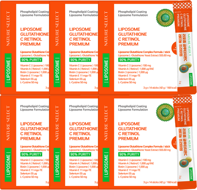 네이처셀렉 리포좀 글루타치온 C 레티놀 비오틴 100배 UP! 순도 90% 순수함량 500mg 식약청 인증, 42g, 6개