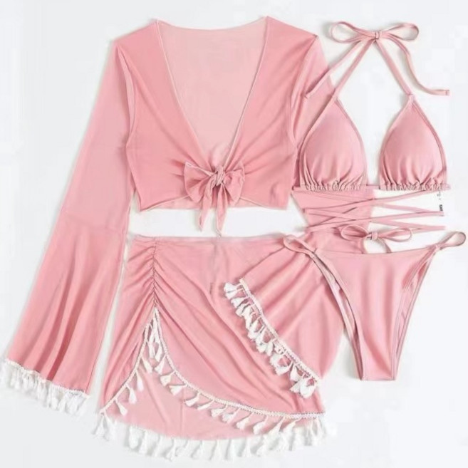 純色流蘇長袖防曬泳裝四件套, XL