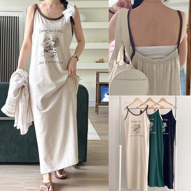 여성 오버핏 러빙 곰돌이 나시 원피스 허그베어 민소매 롱 ops