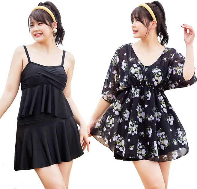 AOMIKS 여성 체형커버 빅사이즈 플라워 프린트 원피스 수영복 3피스 방광 방지 세트