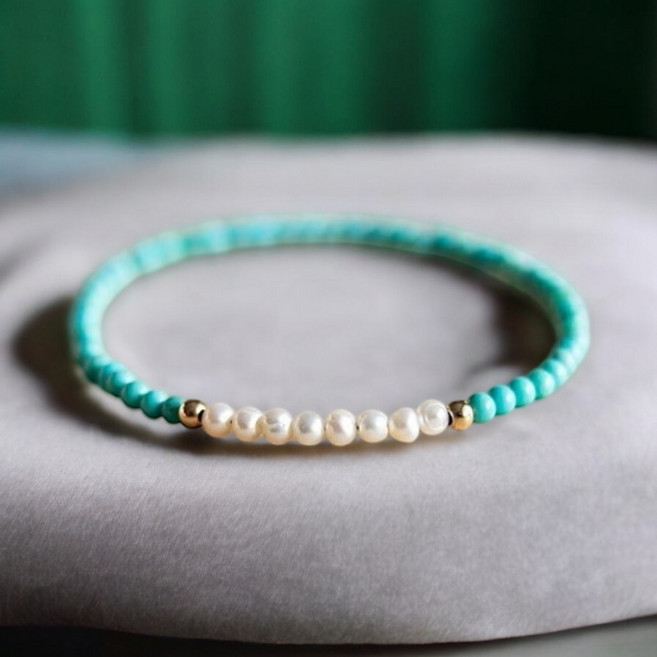 昱晶閣 3mm綠松石極細珍珠手鍊 日韓風格手工編織手串 (手圍17-19公分)