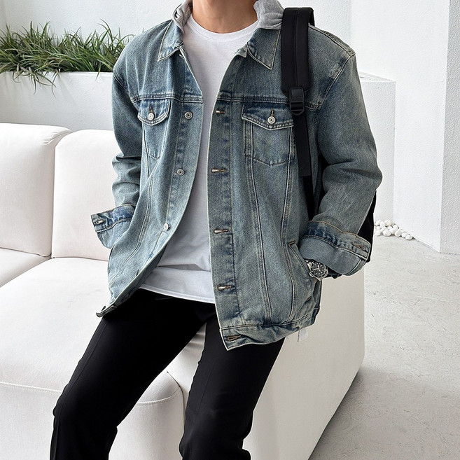 베이직바이블 오버핏 후드 탈부착 워싱 데님 청 자켓(2color)