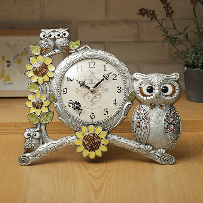 로얄타임 풍수 인테리어 데거 엔틱 부엉이 탁상시계, 주석