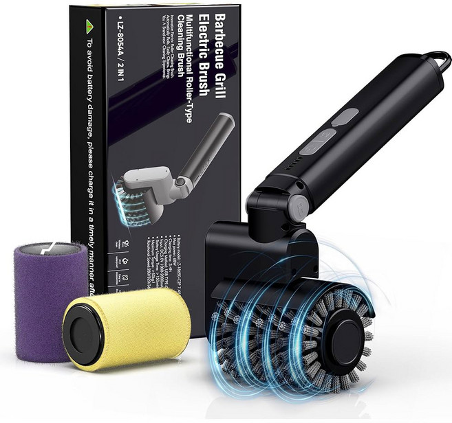 아우르비브 전기 그릴 브러시 야외 그릴용 3단 파워 컨트롤 충전식 바비큐 헤드 브러시 2개와 청소 패드가 있는 무선 남성/아빠를 위한 선물, Black