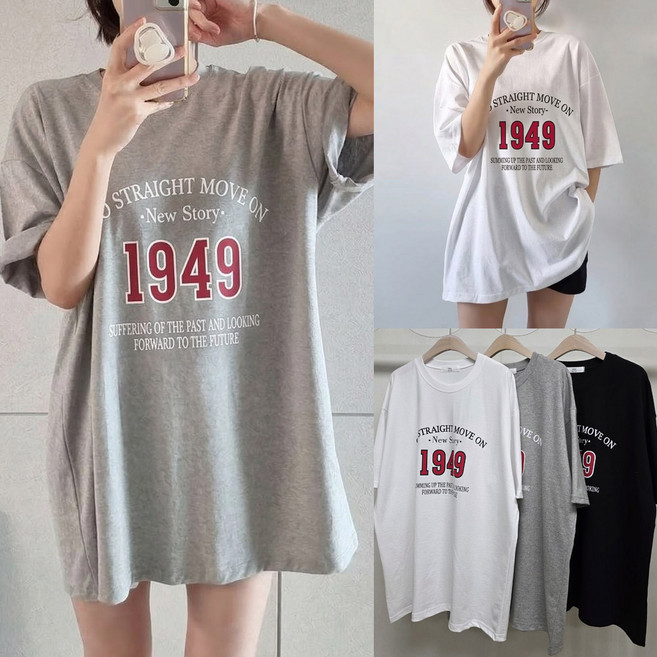 여성 오버핏 뉴스토리 반팔 티셔츠 1949 캐주얼 박스 롱티