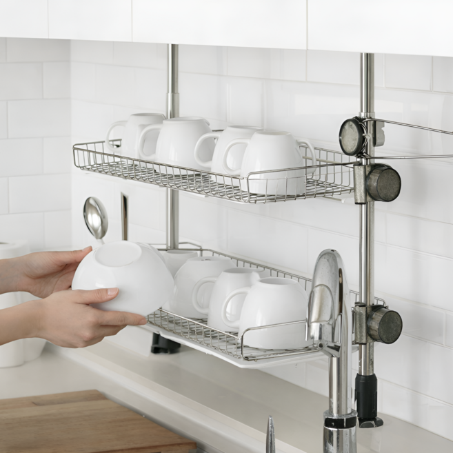 [KS한국] 프리미엄 튼튼강력슬림 기둥 식기건조대 주방선반 600A, 1개, 실버/블랙, 2단