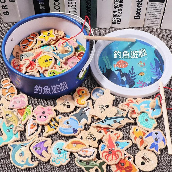 木製磁性海洋魚親子遊戲釣魚玩具, 31條魚 2根魚竿 桶裝, 1個