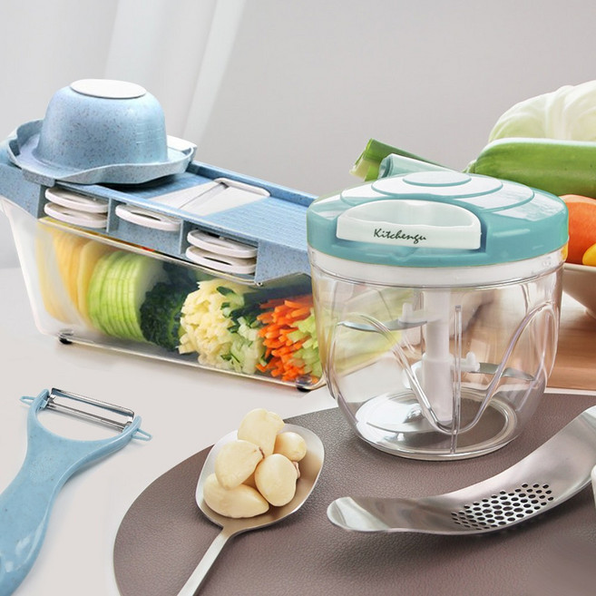 키친구 마늘 수동 이유식 야채 다지기 민트 대 + 블루 만능 슬라이서 다기능채칼 세트, 단품, 1개