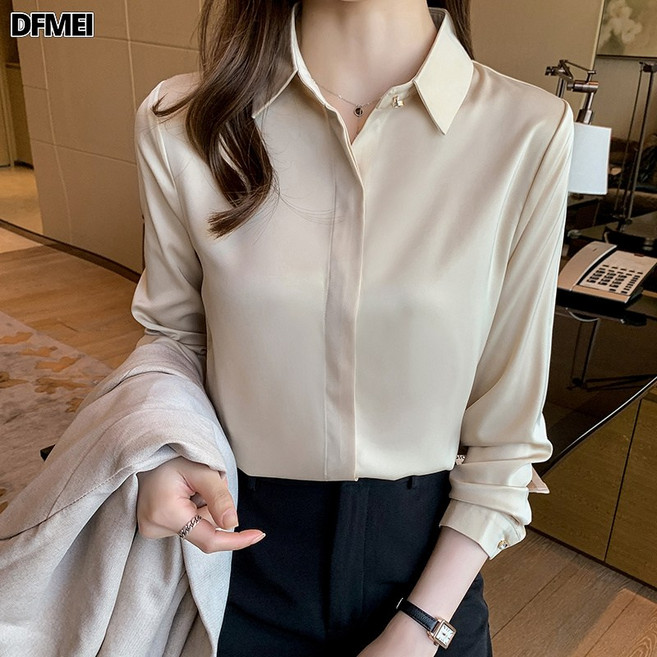 DFMEI 真絲長袖襯衫女春季設計感輕熟港風緞面襯衫女士OL襯衣
