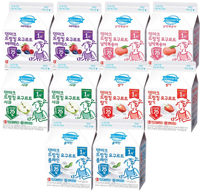 동원 덴마크 드링킹 요구르트 5종 275ml 10 (딸기 +납작복숭아 +베리믹스+ 사과+플레인)