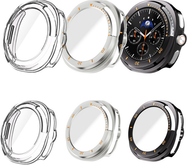 [젤센] 갤럭시워치8 클래식 전용 풀커버 일체형 9H 강화유리 케이스 3개 세트, 베이직/투명+실버+블랙
