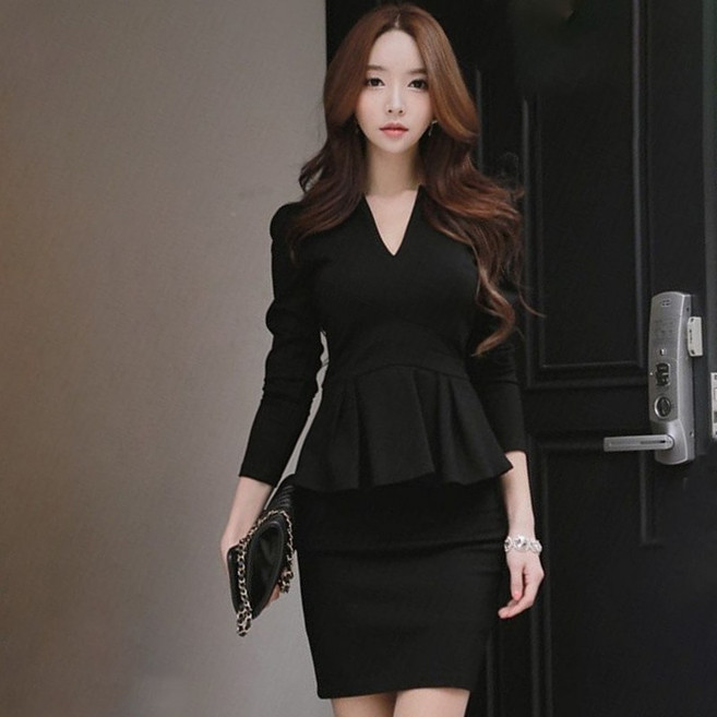 COSYEVNO 여성 미니 원피스 슬림핏 섹시 통근 브이넥 긴팔 오피스룩 스커트