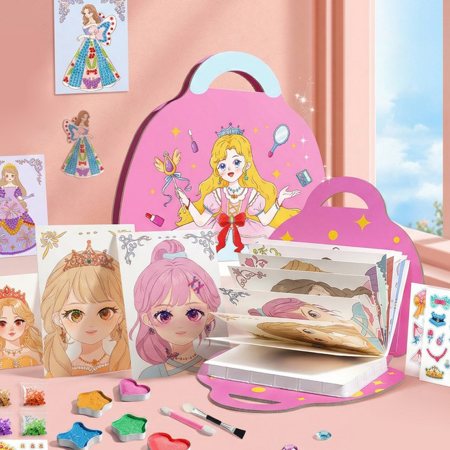 마법 공주 메이크업 색칠놀이 보석십자수 스티커 세트 선물, 1세트, 혼합색상