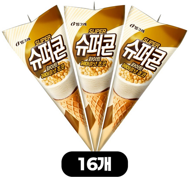 빙그레 콘 아이스크림 슈퍼콘 화이트 헤이즐넛 초코, 16개, 150ml