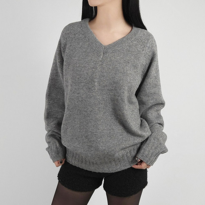 센시즌 포엠 도톰울 남녀공용 오버핏 브이넥 여성 남성 커플 니트