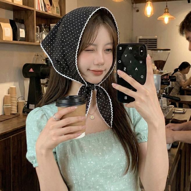 여성 도트 땡땡이 쁘띠 레이스 엣지 여성 두건 스카프 반다나 헤어 봄 여름 데일리 꾸안꾸 머리두건