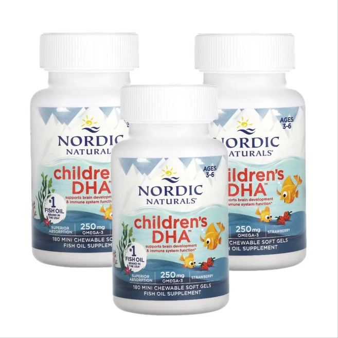 노르딕 내추럴스 어린이 DHA 오메가3 키즈영양제 딸기맛 180정 X 3통 미니츄어블 - 쿠팡