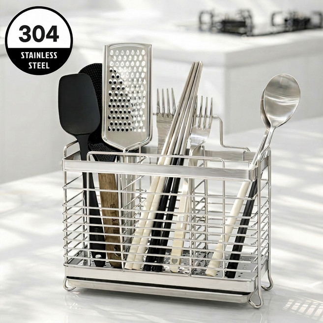 누모아 스텐락 올스텐 304 무연마 물빠짐형 프리미엄 3구 수저통, 메탈릭 실버, 1개