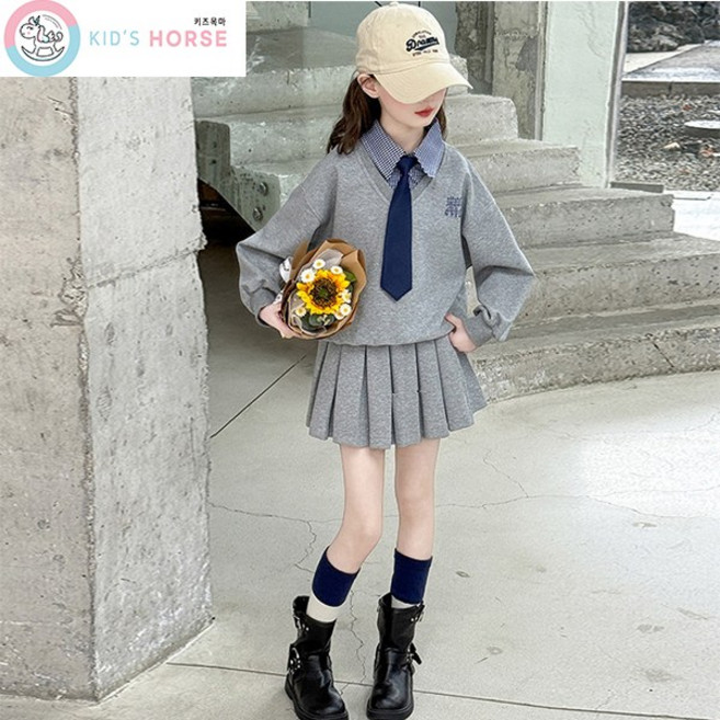 키즈목마 여아 초등학생룩 넥타이 세트 맨투맨+플리츠스커트치마 상하복 교복풍 스타일 723