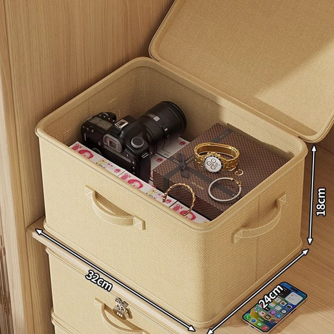 LEOQ 자물쇠 잠금장치 접이식 패브릭 리빙박스 수납함, 1개, 베이지