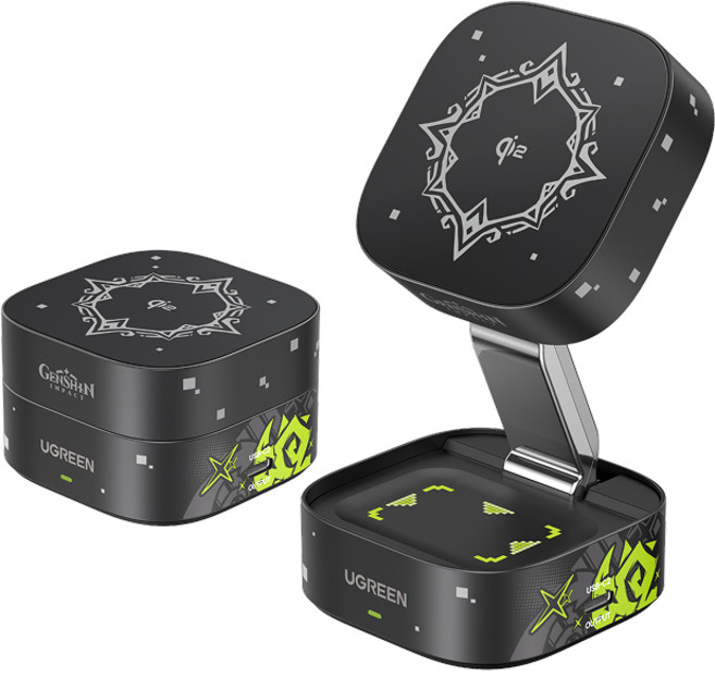 UGREEN 유그린 x 원신 시리즈 MagFlow 2-in-1 Qi2 25W 마그네틱 접이식 무선충전 스탠드 아이폰16 15 14 13 12 에어팟3 2Pro등과 호환된 무선충전기, 원신 에디션, 1개
