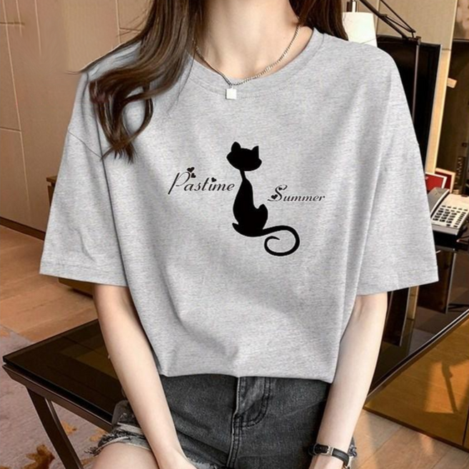 스타일아유 오버핏 면100% 고양이 반팔티 여성용 빅사이즈 박시 반팔티셔츠 반팔 티셔츠 자체생산[AYG6TS384A]