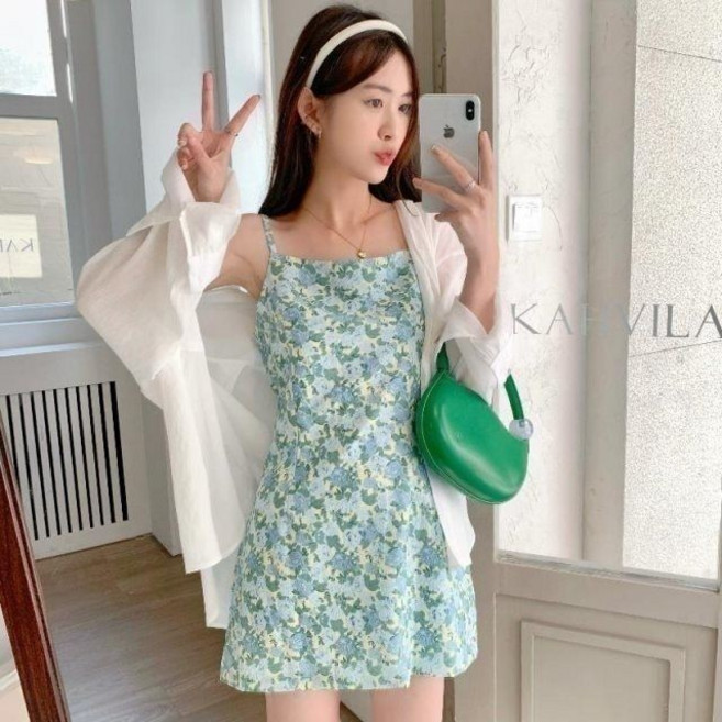 吊帶碎花連衣裙 小清新甜美設計感顯瘦百搭短裙, 666綠色吊帶裙,M, 綠色