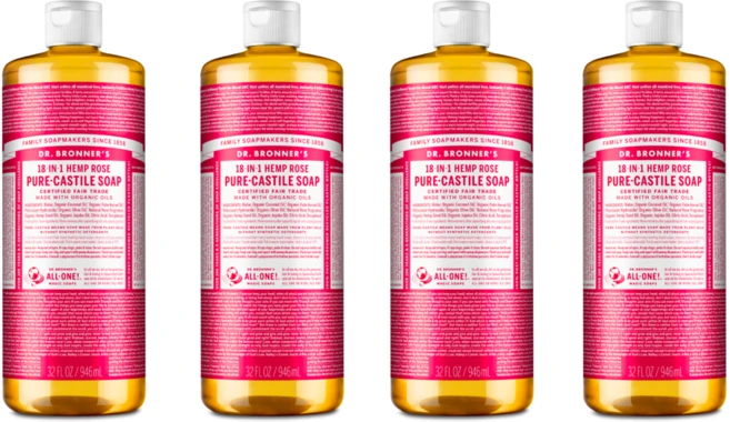 닥터브로너스 퓨어 캐스틸솝 물 비누 945ml x 4 로즈 18in1 다용도 세안 바디 세탁 머리카락 스테디셀러 - 쿠팡