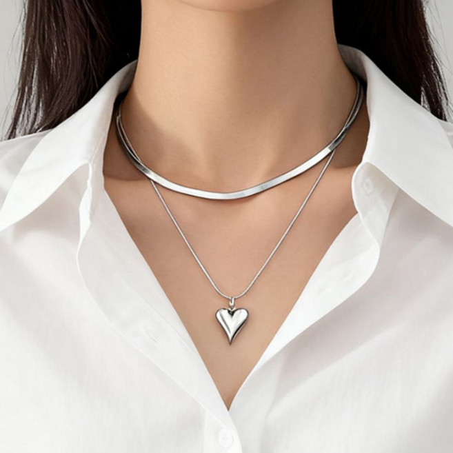 여성 심플 미니 하트 펜던트 두줄 레이어드 목걸이 A2773