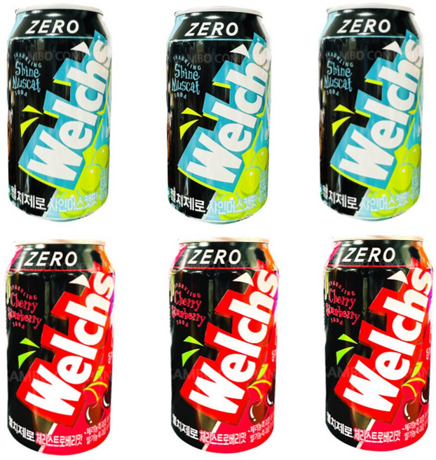 웰치 제로 탄산 음료 샤인 머스캣 맛 캔 체리 스트로베리 포도 2종 세트 3캔+체리 3캔, 355ml