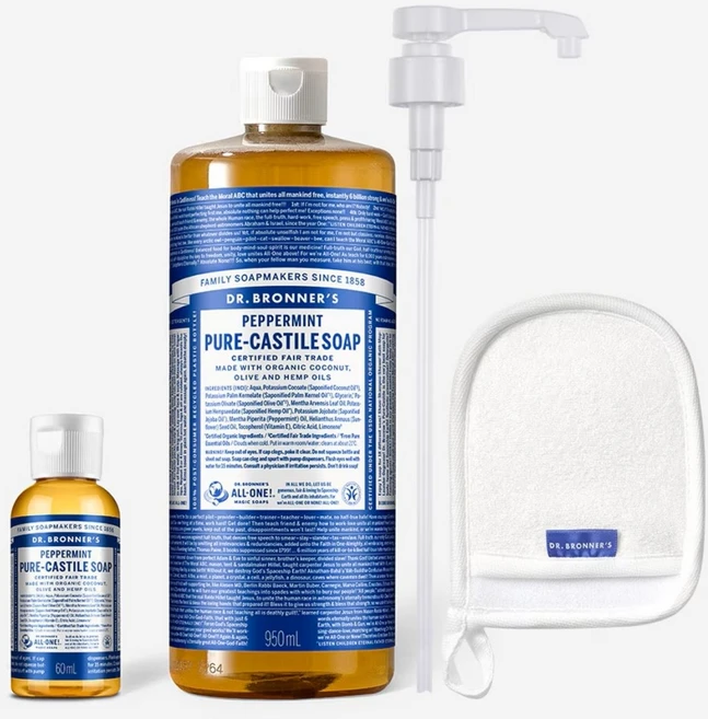 닥터브로너스 캐스틸솝 클렌저 페퍼민트 950ml + 60ml + 전용펌프 + 샤워글러브, 1개 - 쿠팡