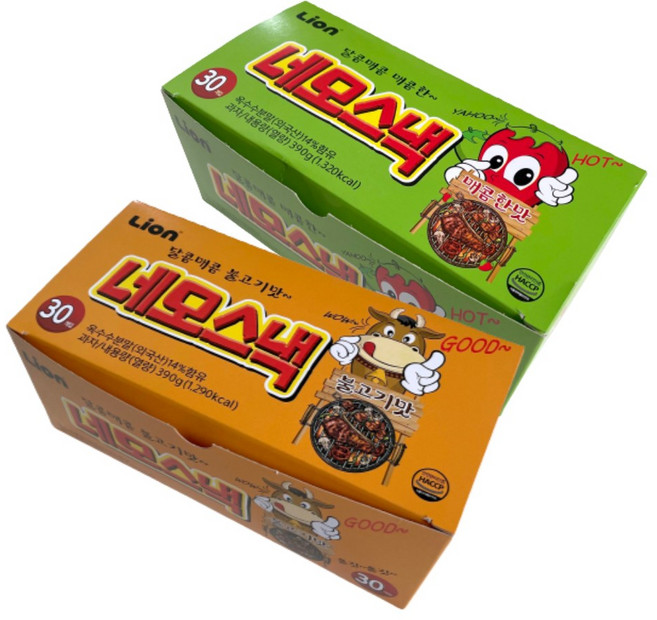 라이온 네모스낵 불고기맛 매콤한맛 2종, 1세트, 390g