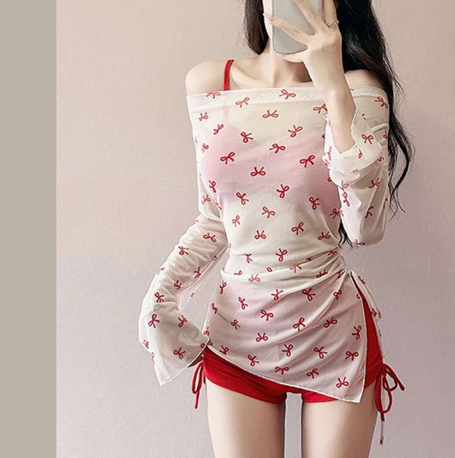 야오야오 여성용 리본 셔링 스트랩 하이웨스트 비키니 수영복 오프숄더 커버업 3피스 세트, 레드