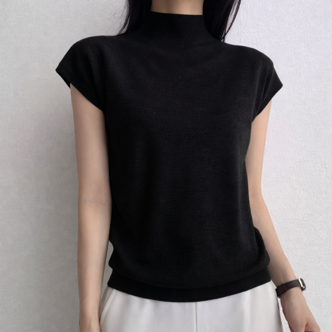 파츠 소프트 터치 반하이넥 니트 데일리 오피스룩 반팔 티