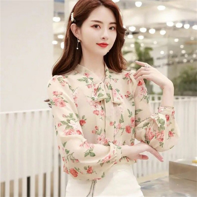 TKX 여성용 봄여름 플로럴 가벼운 블라우스 리본넥 세련된 디자인 통기성 좋은