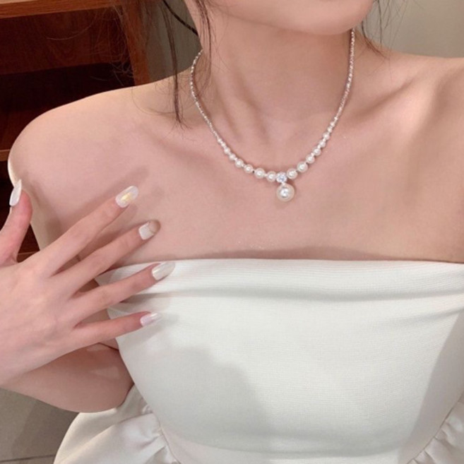 럭셔리 셀프웨딩 실버 진주 포인트 여성 패션 목걸이 J644