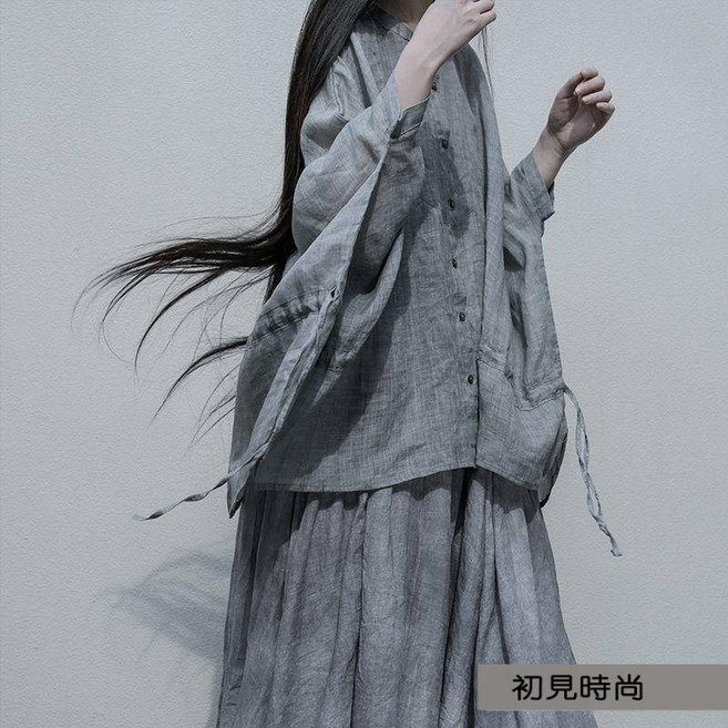 初見 佛系女裝 蝙蝠袖抽繩寬鬆襯衫 古風 新中式上衣, 灰色上衣,XL